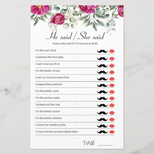 ピンクのブライダルシャワーゲーム彼は彼女が言った (正面)