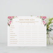 ピンクのブライダルシャワーゲーム愛リストの形容詞 (スタンド正面)