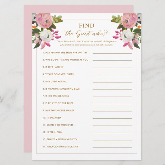 ピンクのブライダルシャワーゲーム誰のゲームを見つける 招待状 (正面/裏面)