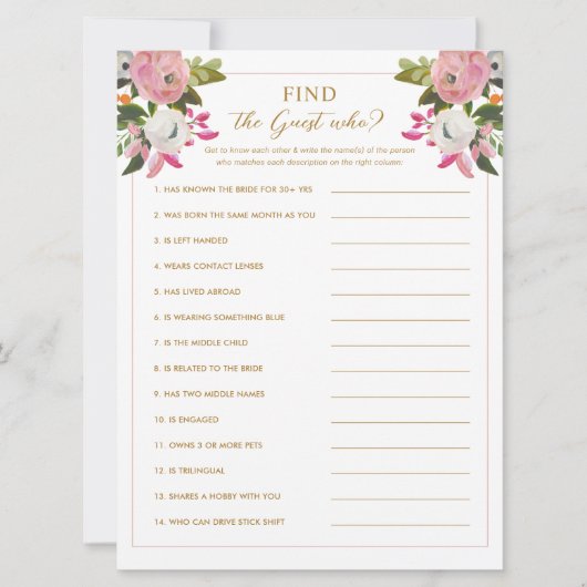 ピンクのブライダルシャワーゲーム誰のゲームを見つける 招待状 (正面)