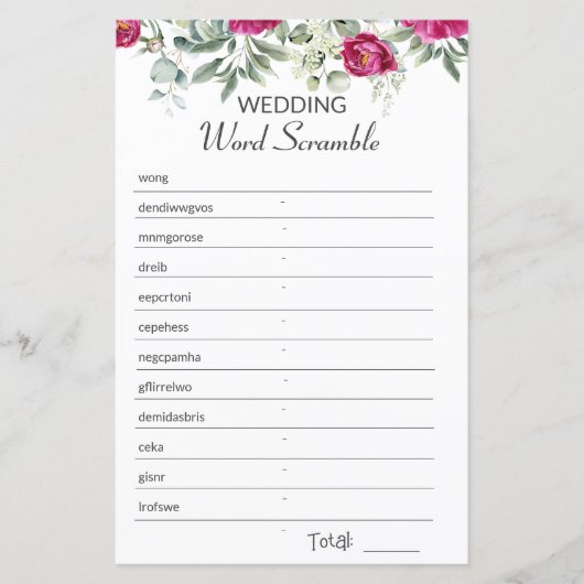 ピンクのブライダルシャワー単語スクランブルゲーム (正面)