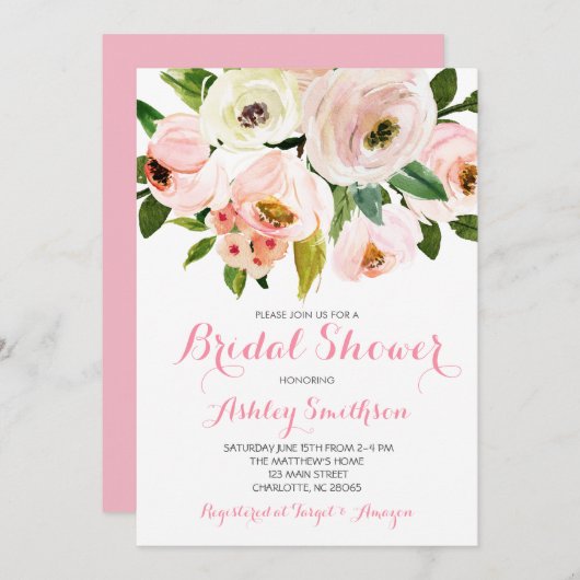 ピンクのブライダルシャワー招待状、ピンクの花 招待状 (正面/裏面)