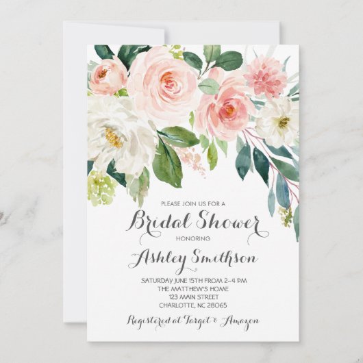 ピンクのブライダルシャワー招待状，ピンクの花 招待状 (正面)