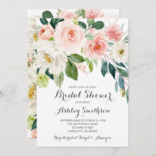 ピンクのブライダルシャワー招待状,ピンクの花 招待状 (正面/裏面)