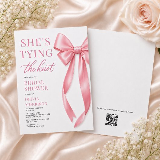 ピンクのブライダルシャワー「She's Tying The Knot」QRコード 招待状