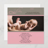 ピンクのブラウンのモダンな花の写真のベビーの発表 案内状 (正面/裏面)