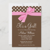 ピンクのブラウンの弓水玉模様のベビーシャワー招待状 招待状 (正面)
