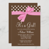 ピンクのブラウンの弓水玉模様のベビーシャワー招待状 招待状 (正面/裏面)