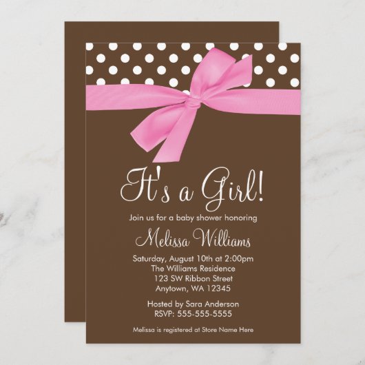ピンクのブラウンの弓水玉模様のベビーシャワー招待状 招待状 (正面/裏面)