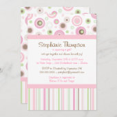 ピンクのブラウンの甘い女の子の水玉模様のベビーシャワー 招待状 (正面/裏面)