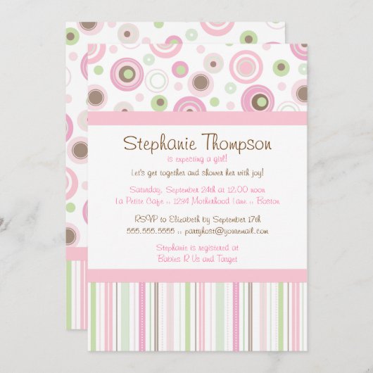 ピンクのブラウンの甘い女の子の水玉模様のベビーシャワー 招待状 (正面/裏面)
