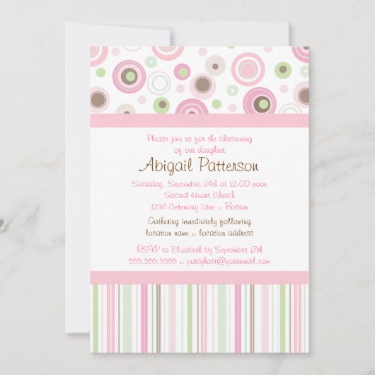 ピンクのブラウンの甘い女の子の水玉模様の《キリスト教》洗礼式や命名式 招待状 (正面)