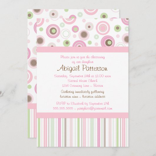 ピンクのブラウンの甘い女の子の水玉模様の《キリスト教》洗礼式や命名式 招待状 (正面/裏面)