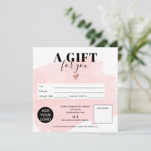 ピンクのブラシストロークのシックな正方形のギフト証明書のロゴ (スタンド正面)