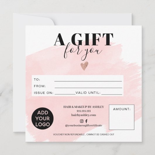 ピンクのブラシストロークのシックな正方形のギフト証明書のロゴ (正面)