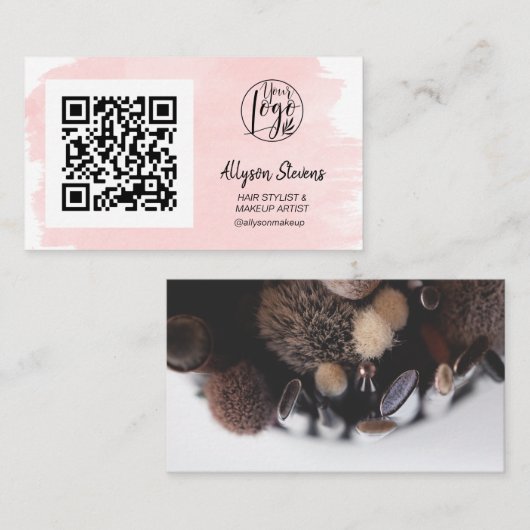ピンクのブラシストロークの髪のメイクアップ写真のqrコードロゴ 名刺 (正面/裏面)