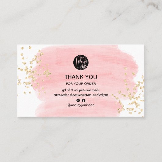ピンクのブラシストローク金ゴールドグリッターのロ感謝していゴの順序 名刺 (正面)