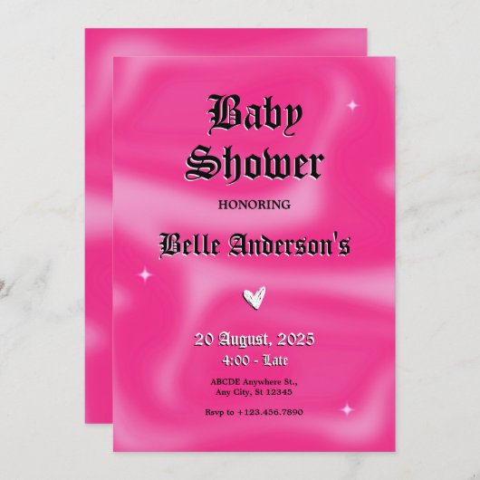 ピンクのブラシストロークy2kレトロベビーシャワー 招待状 (正面/裏面)