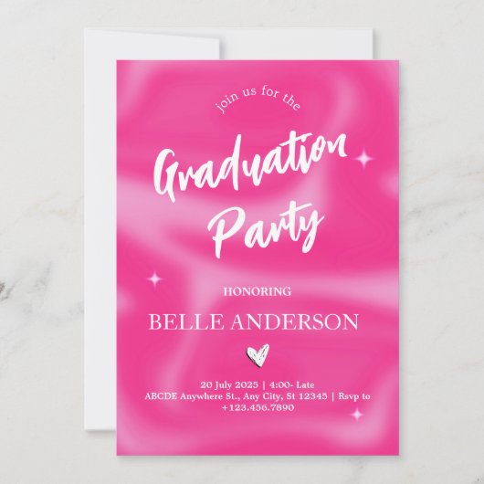 ピンクのブラシストロークy2kレトロ卒業 招待状 (正面)