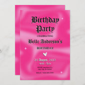 ピンクのブラシストロークy2kレトロ誕生日パーティー 招待状 (正面/裏面)