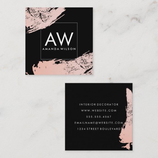 ピンクのブラシ付きモダンモノグラ女の子らしム スクエア名刺 (正面/裏面)