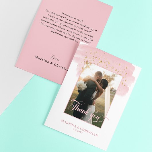 ピンクのブラシ金ゴールドの輝結婚き サンキューカード