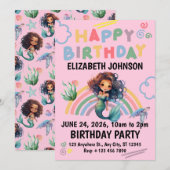 ピンクのブラックマーメイドの誕生日招待状 招待状 (正面/裏面)