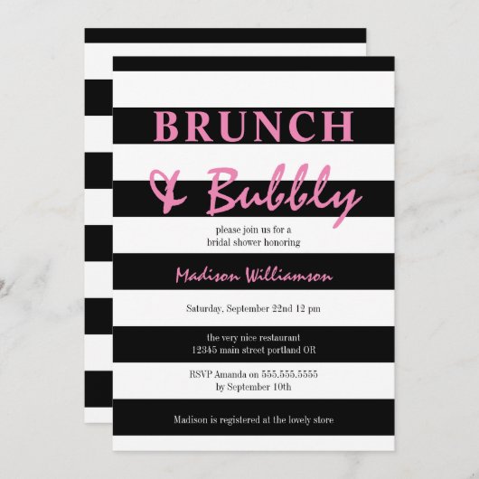 ピンクのブランチとバストライプブリーを持つ白黒の 招待状 (正面/裏面)