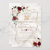 ピンクのブルゴーニュの花金ゴールド大理石30th誕生日 招待状 (正面/裏面)