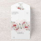 ピンクのブルゴーニュ白い冬の花模様すべて1つ オールインワン招待状 (外側)