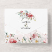 ピンクのブルゴーニュ白い冬の花模様すべて1つ オールインワン招待状 (裏面)