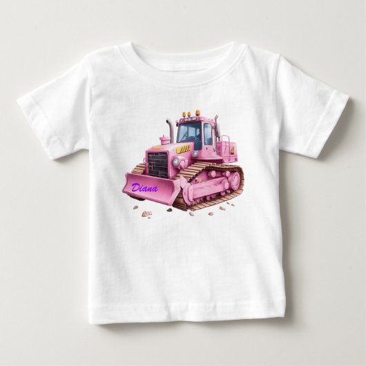 ピンクのブルドーザー T シャツ 幼児用 カスタマイズ名入り (正面)