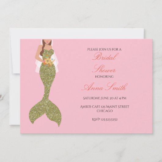 ピンクのブルネットの人魚の招待のブライダルシャワー 招待状 (正面)