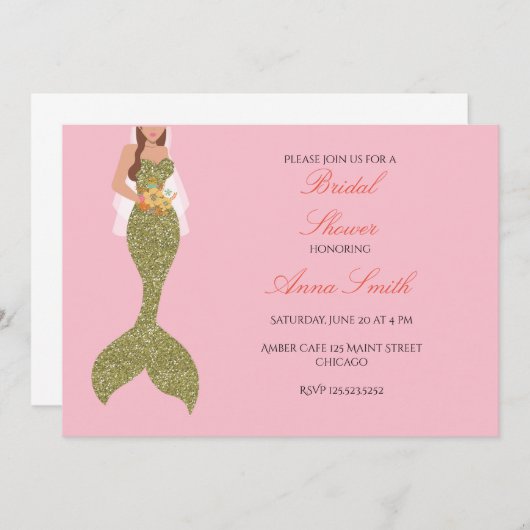 ピンクのブルネットの人魚の招待のブライダルシャワー 招待状 (正面/裏面)