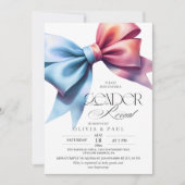 ピンクのブルーボウ赤ちゃんシャワー性別リビールパーティー 招待状 (正面)