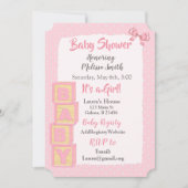 ピンクのブロックとリボン 女の子 ベビーシャワー 招待状 (正面)