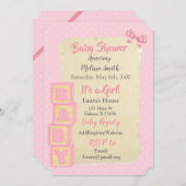 ピンクのブロックとリボン 赤ちゃん女の子ベビーシャワー 招待状 (正面/裏面)