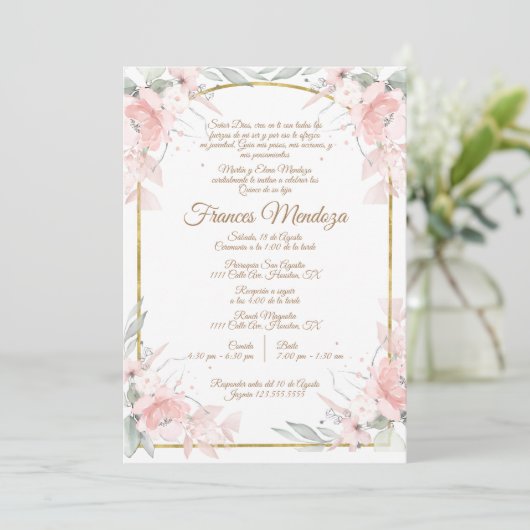 ピンクのブーケキンセアニラの招待 招待状 (スタンド正面)