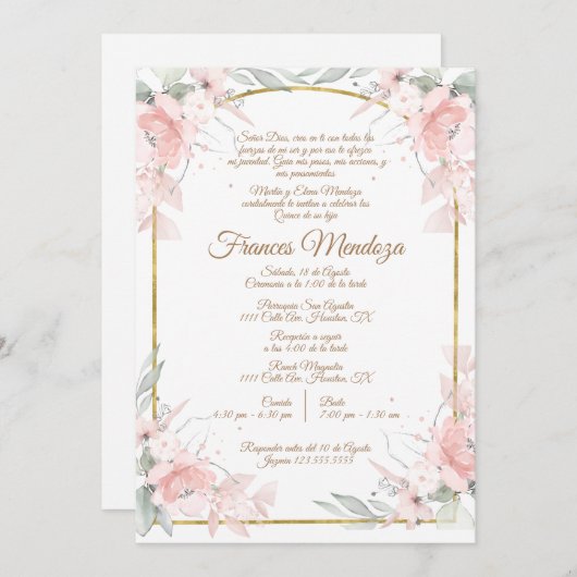 ピンクのブーケキンセアニラの招待 招待状 (正面/裏面)