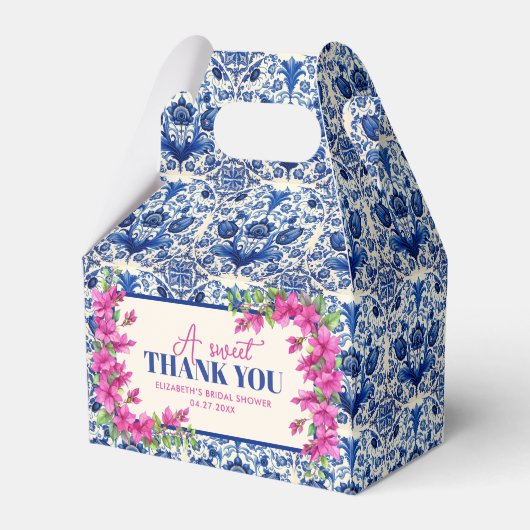 ピンクのブーゲンビリアと青いタイルのウェディングシャワー フェイバーボックス (裏面サイド)