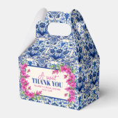 ピンクのブーゲンビリアと青いタイルのウェディングシャワー フェイバーボックス (正面サイド)