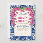 ピンクのブーゲンビリアと青いタイルのウェディングシャワー 招待状 (正面)