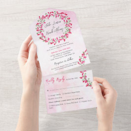 ピンクのブーゲンビリアの熱帯の森のリースの結婚式 オールインワン招待状