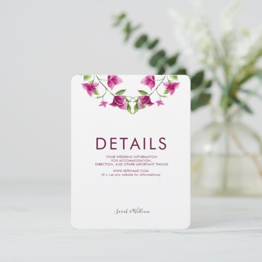ピンクのブーゲンビリアの花の結婚式の情報カード エンクロージャーカード (スタンド正面)