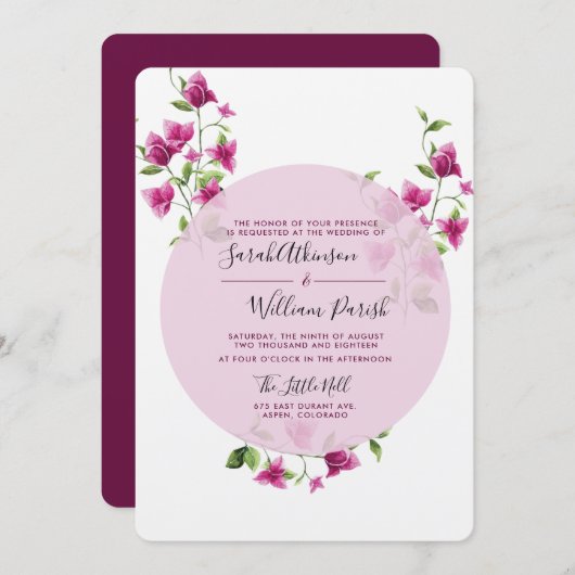 ピンクのブーゲンビリアの花の結婚式招待状 招待状 (正面/裏面)