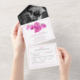 ピンクのブーゲンビリア水彩結婚式RSVPオプション オールインワン招待状