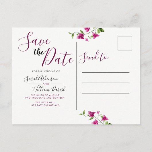 ピンクのブーゲンビリア花日付はがきを保存 案内ポストカード (裏面)