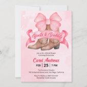 ピンクのブーツとふわふわのリボンのブライズシャワー 招待状 (正面)