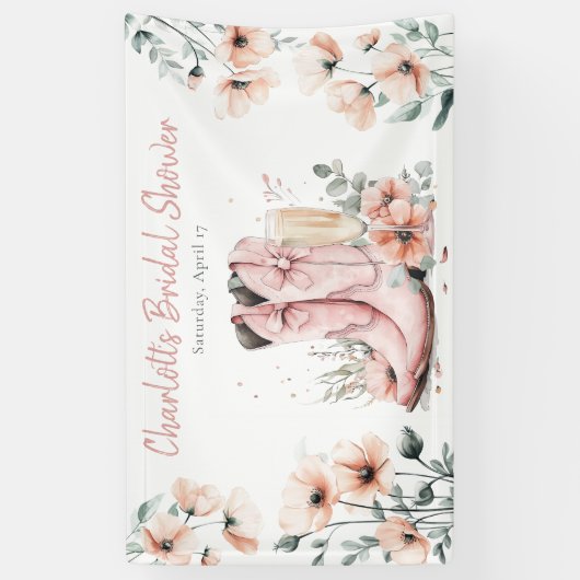 ピンクのブーツとバブルなシャンパングラスの花嫁シャワー 横断幕 (縦)