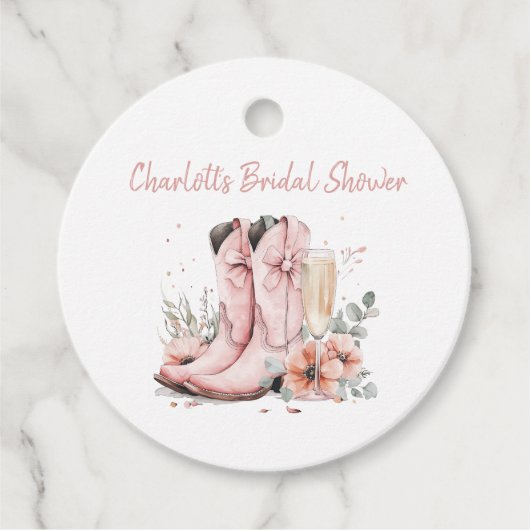 ピンクのブーツとバブルチーズのグラス ブライダルシャワー フェイバータグ (正面)